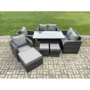 Fimous 6 Seater Outdoor Dark Grey Rattan Lounge Complete Sofa Set with Height Adjustable Dining Table, 2 Stools and Big Footstool