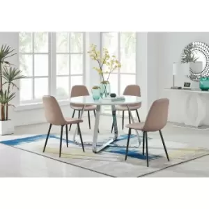 Santorini White Round Table & 4 Cappuccino Corona Faux Leather Dining Chairs with Black Legs Diamond Stitch - Cappuccino