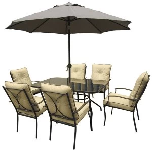 Milan 6-Seater Rectangular Dining Set with 2.8m Parasol and Cushions