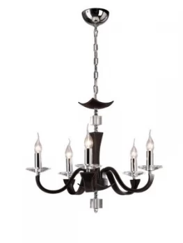 Ceiling Pendant Chandelier 5 Light Polished Chrome, Dark Brown Faux Leather, Crystal