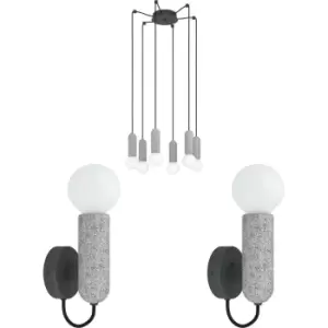 Ceiling Pendant & 2x Matching Wall Lights Anthracite Terrazzo Stone Bulb Holder