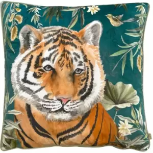 Wylder - Tropics Orient Tiger Head Print Velvet Piped Edge Cushion Cover, Teal, 50 x 50 Cm