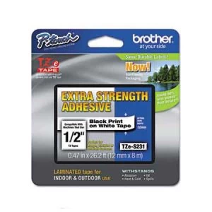 Brother TZeS231 P-touch Extra Strength Label Tape - 1/2 x 26ft 12mm x 8m Black on White