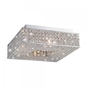 Flush Ceiling Square 4 Light Polished Chrome, Crystal