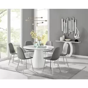 Furniturebox Palma White High Gloss 6 Seat Minimalist Post Modern Round Dining Table & 6 Grey Corona Faux Leather Dining Chairs with Silver Legs