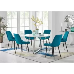 Furniture Box Santorini White Round Dining Table and 6 Blue Pesaro Black Leg Chairs