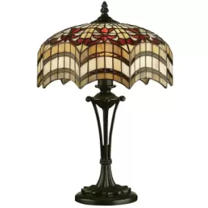 Interiors Vesta - 2 Light Small Table Lamp Dark Bronze, Tiffany Glass, E27