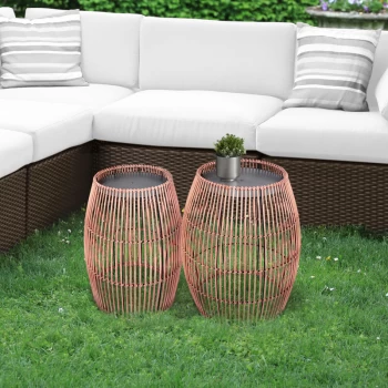 Teamson Home - Outdoor Garden Furniture Small Round Drum Patio Side Table Plant Stand in Bamboo Wicker with Metal Top, Weather Resistant, Brown