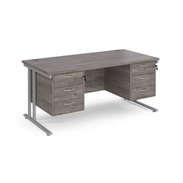 Maestro 25 straight desk 1600mm x 800mm with two x 3 drawer pedestals - silver cantilever leg frame, grey oak top