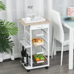 HOMCOM Multi-Use Kitchen Island Trolley w/ 4 Baskets 2 Side Racks Drawer Worktop 4 Wheels Worktop Home Food Storage Spice Vegetables Fruits White