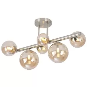 Luminosa Marshall Semi Flush Ceiling Lamp, 6 Light G9, Satin Nickel, Amber Plated Glass