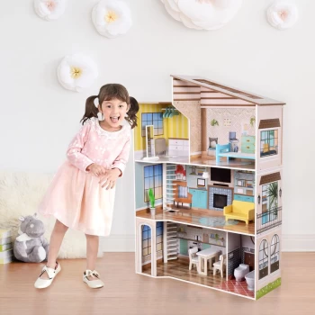 Large Dreamland Mediterranean Contemporary Kids Interactive Wooden Dolls House 3 Floors with 17 Doll Furniture Accessories Multi TD-13551B - Multi