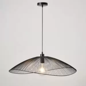 Contemporary Large Black Pendant Ceiling Light. Decorative shade with curved metal threads, 80cm Diameter Adjustable height