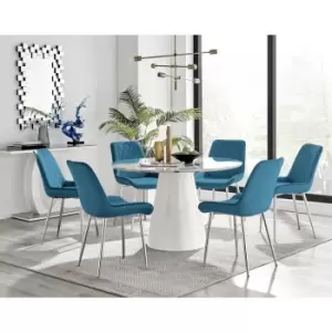 Furniturebox Palma White Marble Effect 120cm Round Minimalist Dining Table & 6 Blue Pesaro Silver Leg Velvet Chairs