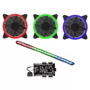 GameMax RGB Kit - 3x 12cm Single Colour LED Velocity Fans 300mm Viper Single Colour LED Strip RGB Lighting Hub Brown Box