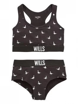 Jack Wills Jack Wills Girls Boxed Print Crop Top & Hipster Brief Set, Black, Size Age: 12-13 Years, Women