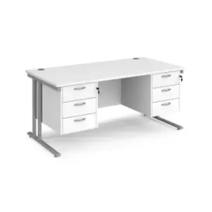 Office Desk Rectangular Desk 1600mm With Double Pedestal White Top With Silver Frame 800mm Depth Maestro 25 MC16P33SWH