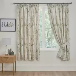 Wild Stems Botanical Print Lined Pencil Pleat Curtains, Green, 66 x 72" - Dreams&drapes