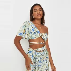 Missguided Tie Waist Floral One Shoulder Top - Multi