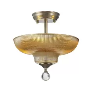 Luminosa Talisa 2 Light Semi Flush Ceiling Lamp E27 With Round 30cm Glass Shade Satin Nickel, Amber