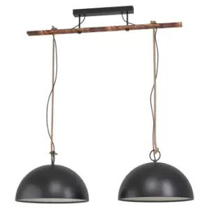 Hanging Ceiling Pendant Light Black & Wood Rope Industrial 2 x 40W E27 Bulb