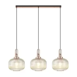 Luminosa Linear 3 Light Pendant E27, Copper, Matt Black With 30cm Round Ribbed Champagne Glass