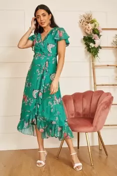 Green Satin Crane Print Wrap Dress