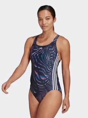 adidas Souleaf Graphic 3-stripes Swimsuit, Blue, Size 30, Women