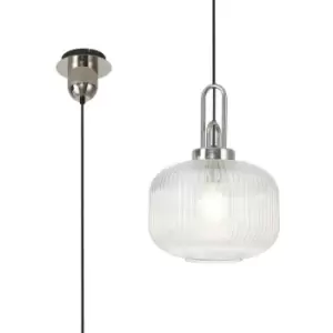 Luminosa 1 Light Pendant E27 With 30cm Pumpkin Shaped Ribbed Glass, Clear Polished Nickel, Matt Black