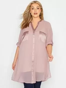 Yours Satin Pocket Long Line Shirt - Pink, Size 30-32, Women