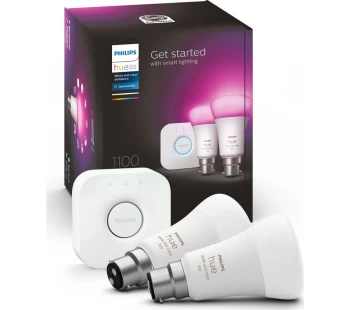 PHILIPS HUE White and Colour Ambiance Smart Lighting Starter Kit with Bridge - B22, White