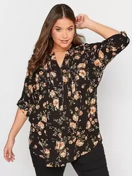 Yours Pintuck Shirt Black Natural Floral, Black, Size 30-32, Women