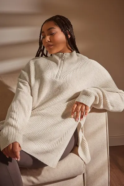 Yours Quarter Zip Knitted Jumper Cream