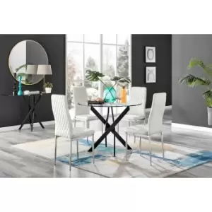 Furniture Box Novara Black Leg Round Glass Dining Table and 4 Cream Velvet Milan Chairs