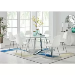 Santorini White Round Dining Table And 6 White Corona Faux Leather Dining Chairs with Silver Legs Diamond Stitch - White