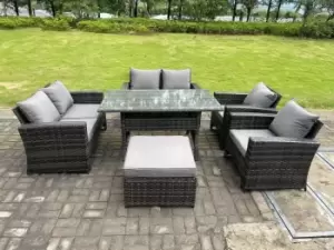 Fimous 6 Seater Outdoor Dark Grey Rattan Lounge Complete Sofa Set with Dining Table, Arm Chair and Big Footstool