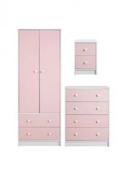 Conway 3 Piece Childrens Bedroom Package - 2 Door, 2 Drawer Wardrobe, 4 Drawer Chest And 2 Drawer Bedside Chest - Pink