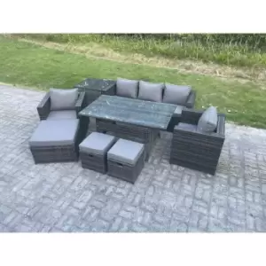 Fimous 5 Seater Outdoor Dark Grey Rattan Lounge Complete Sofa Set with Rectangular Dining Table, 2 Stools and Big Footstool