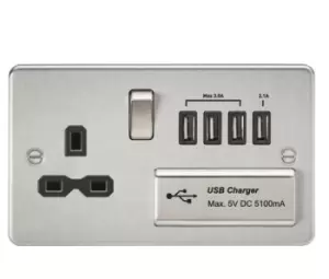 KnightsBridge Flat plate 13A switched socket with quad USB charger - brushed chrome with Black insert