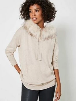 Mint Velvet Faux Fur Longline Hoodie - Neutral