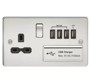 KnightsBridge Flat plate 13A switched socket with quad USB charger - polished chrome with Black insert