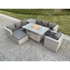 Fimous 7 Seater Outdoor Light Grey Rattan Fire Pit Lounge Complete Sofa Set with Gas Heater and Big Footstool