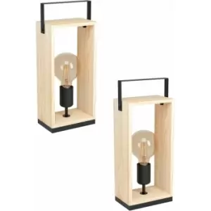 2 pack Table Lamp Desk Light Black & Natural Steel & Wood Box 1x 40W E27