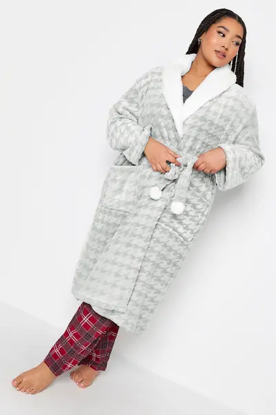 Yours Houndstooth Contrast Shawl Collar Robe - Grey, Size 30-32, Women