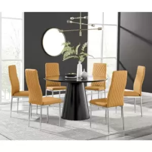 Furniturebox Palma Black Semi Gloss 120cm Round Minimalist Dining Table & 6 Mustard Milan Chrome Leg Chairs