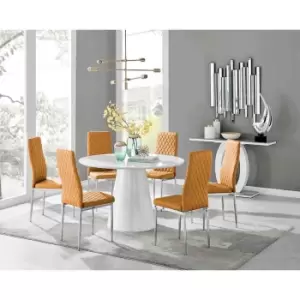 Furniture Box Palma White High Gloss Round Dining Table and 6 Mustard Milan Chrome Leg Chairs