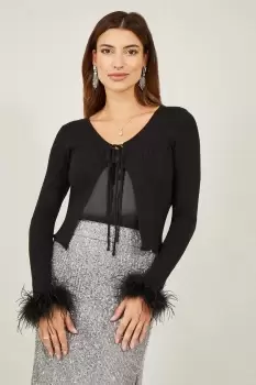 Black Ribbed Bolero With Feather Cuffs