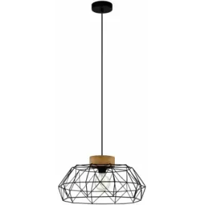 Hanging Ceiling Pendant Light Black Geometric Cage & Wood 1x E27 Bulb Feature