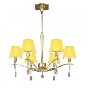 Ceiling Pendant Round 6 Light E14, Polished Brass with Amber Cream Shades And Clear Crystal