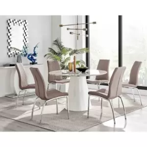 Furniture Box Palma White Marble Effect Round Dining Table and 6 Cappuccino Isco Chairs